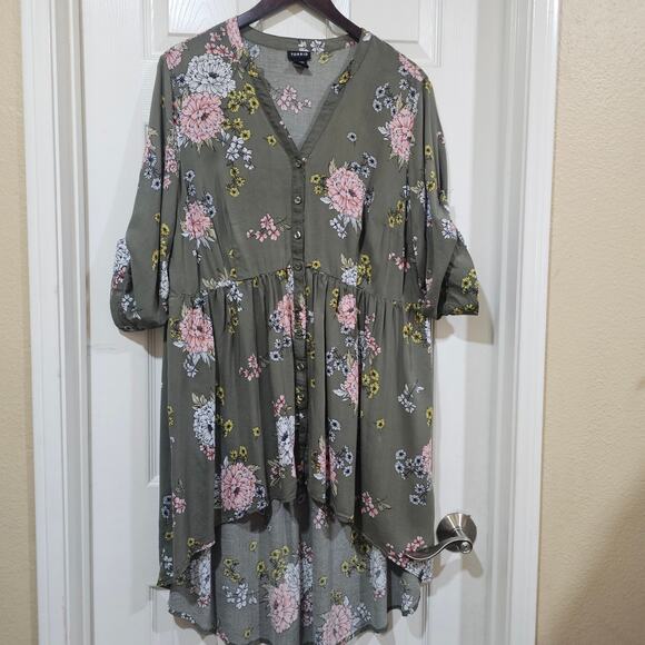 Torrid Olive Green Floral Button Front Hi-Low Babydoll Top Size 2X - Picture 7 of 7